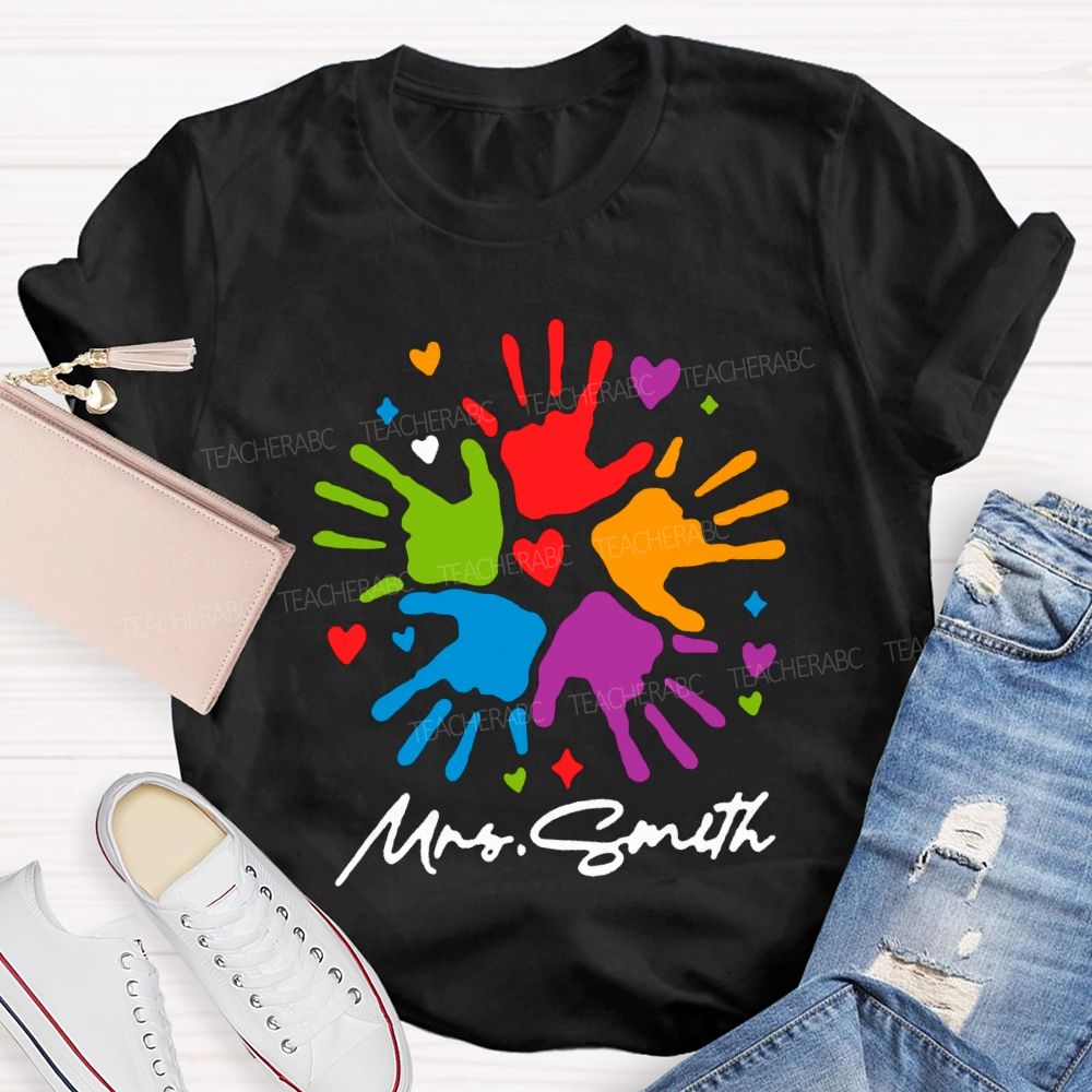 Personalized Name Colorful Handprints And Hearts Special Education T-shirt
