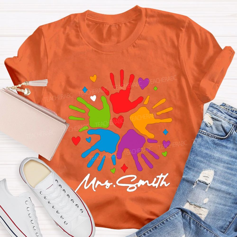 Personalized Name Colorful Handprints And Hearts Special Education T-shirt