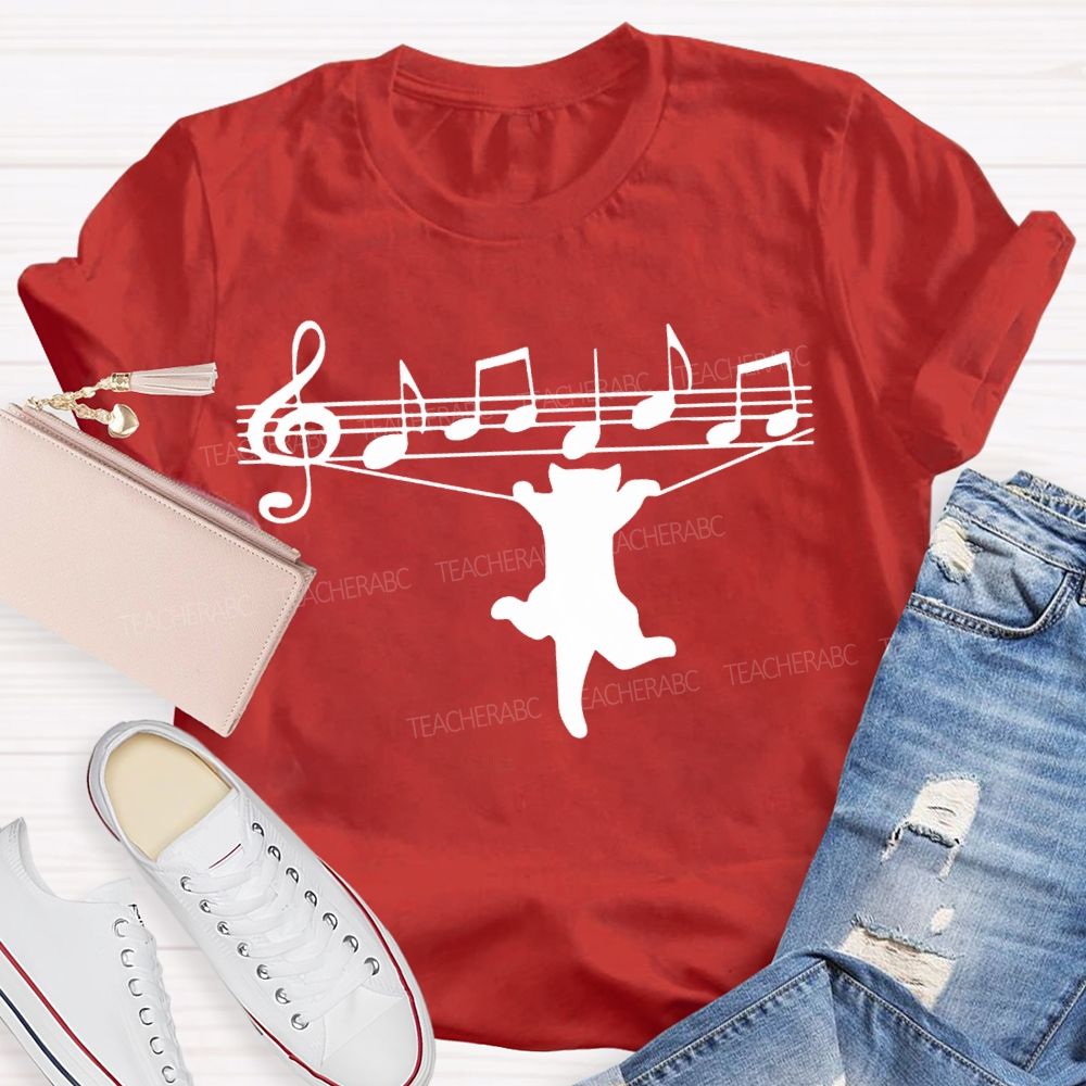 A Cat Dancing On The Musical Staff Music Teacher T-shirt