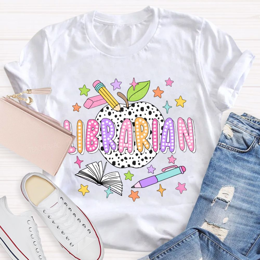 Librarian Polka Dot Apples And Colorful Stars T-shirt