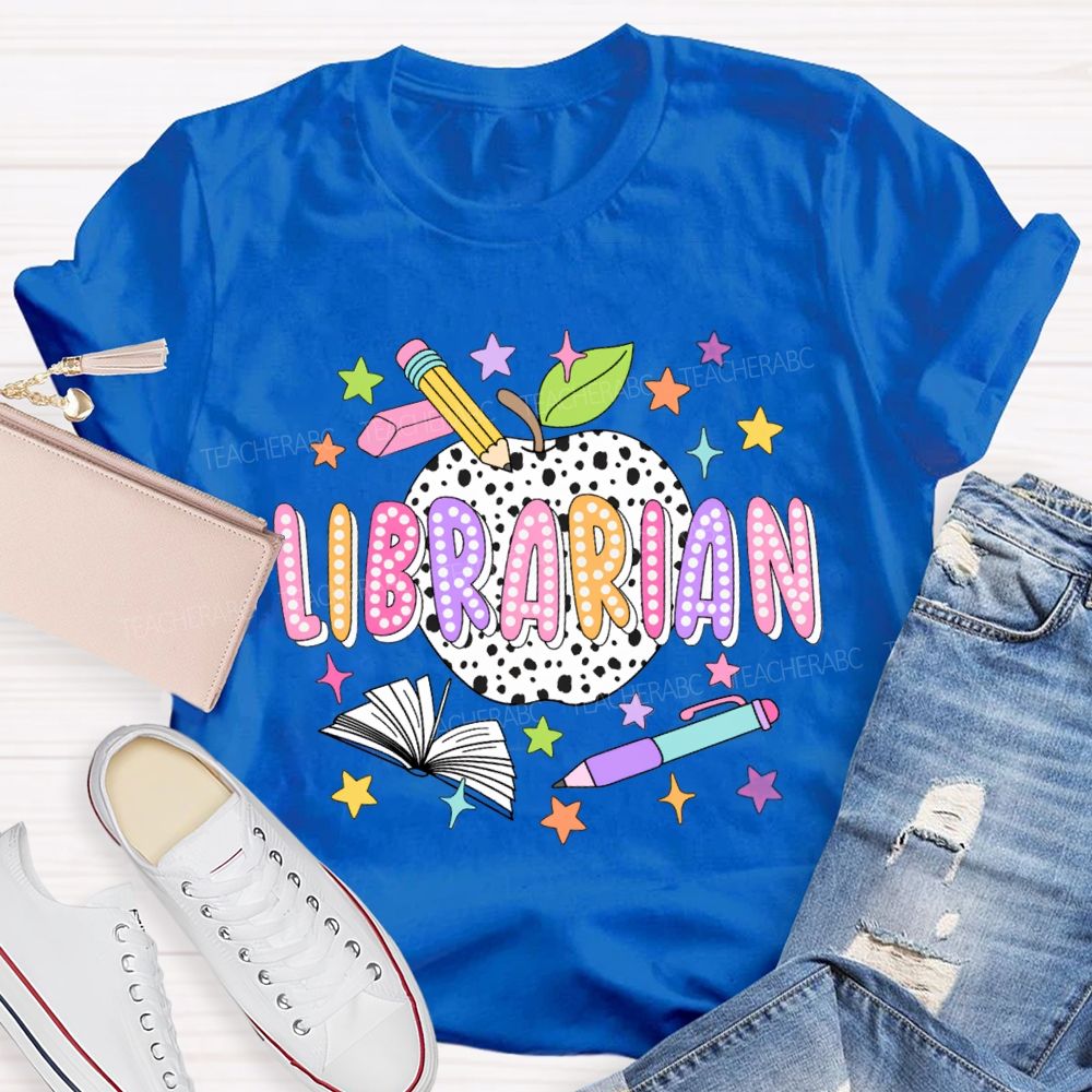 Librarian Polka Dot Apples And Colorful Stars T-shirt