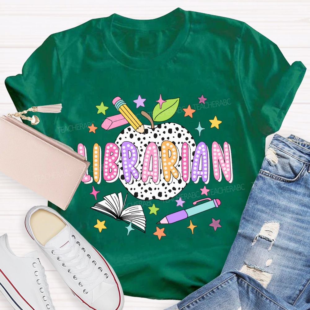 Librarian Polka Dot Apples And Colorful Stars T-shirt