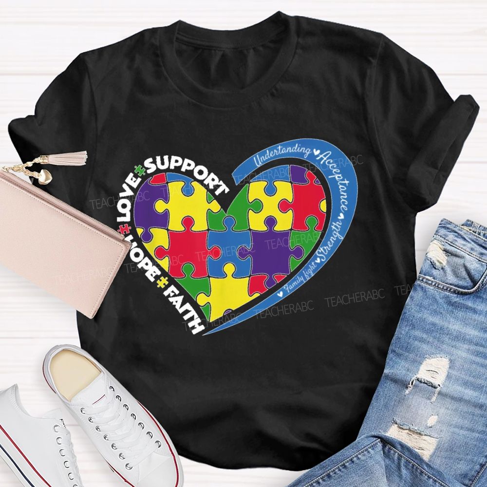 Faith Hope Love Support Colorful Heart Puzzle Teacher T-shirt