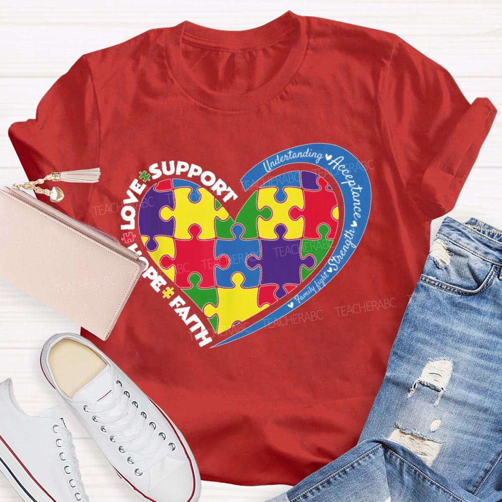 Faith Hope Love Support Colorful Heart Puzzle Teacher T-shirt