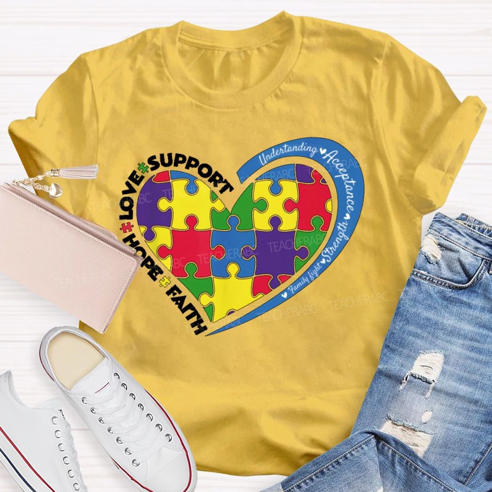Faith Hope Love Support Colorful Heart Puzzle Teacher T-shirt