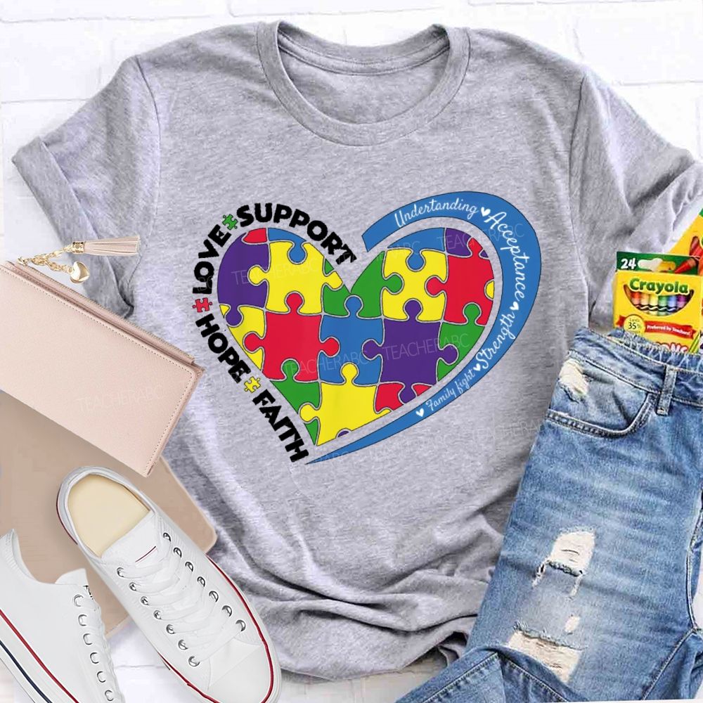 Faith Hope Love Support Colorful Heart Puzzle Teacher T-shirt