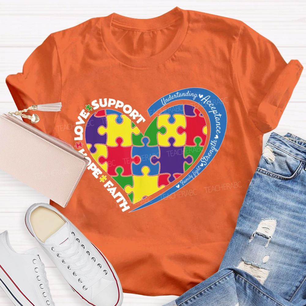 Faith Hope Love Support Colorful Heart Puzzle Teacher T-shirt
