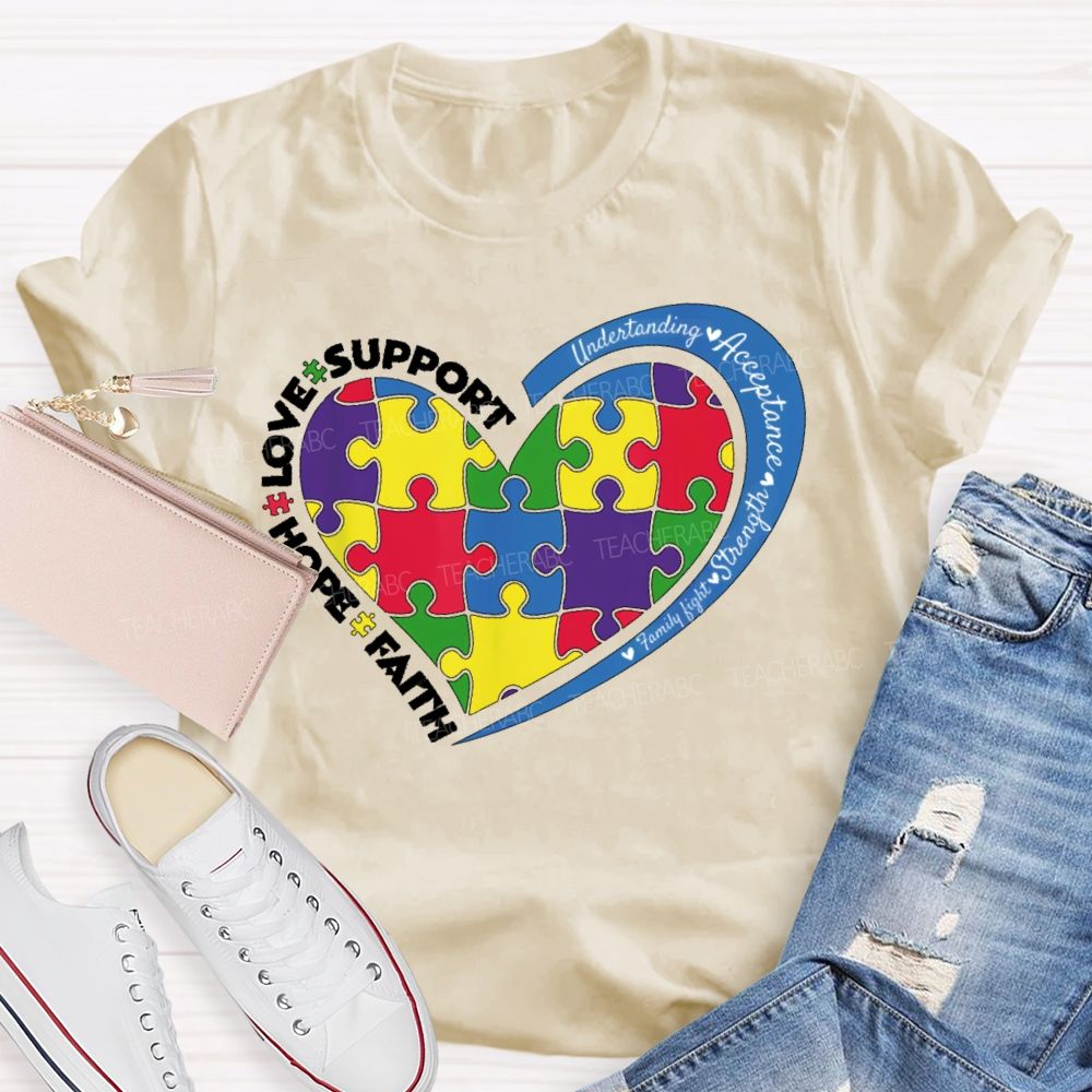 Faith Hope Love Support Colorful Heart Puzzle Teacher T-shirt