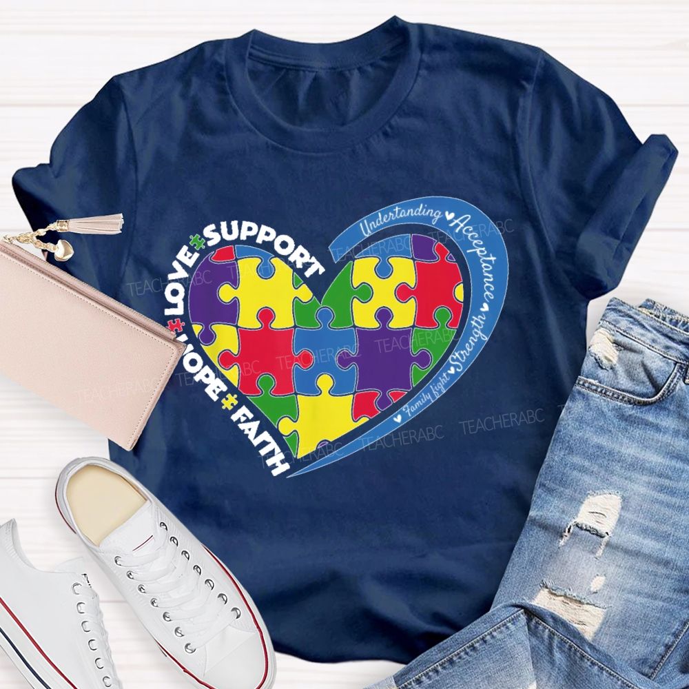 Faith Hope Love Support Colorful Heart Puzzle Teacher T-shirt