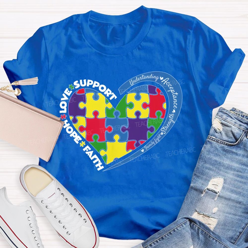 Faith Hope Love Support Colorful Heart Puzzle Teacher T-shirt