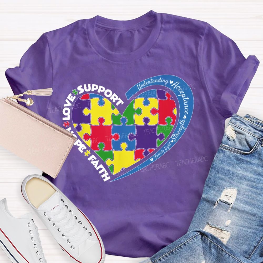 Faith Hope Love Support Colorful Heart Puzzle Teacher T-shirt