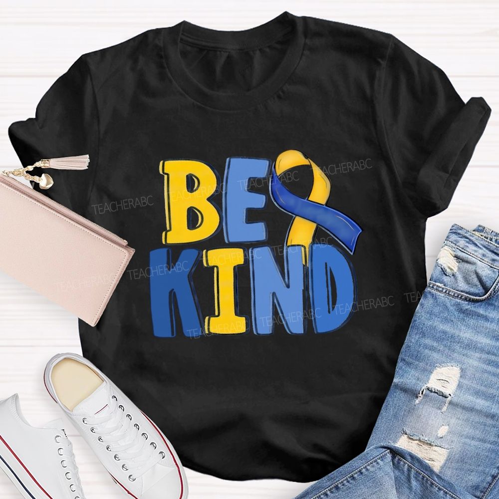 Be Kind Teacher Blue Yellow Ribbon T-Shirt