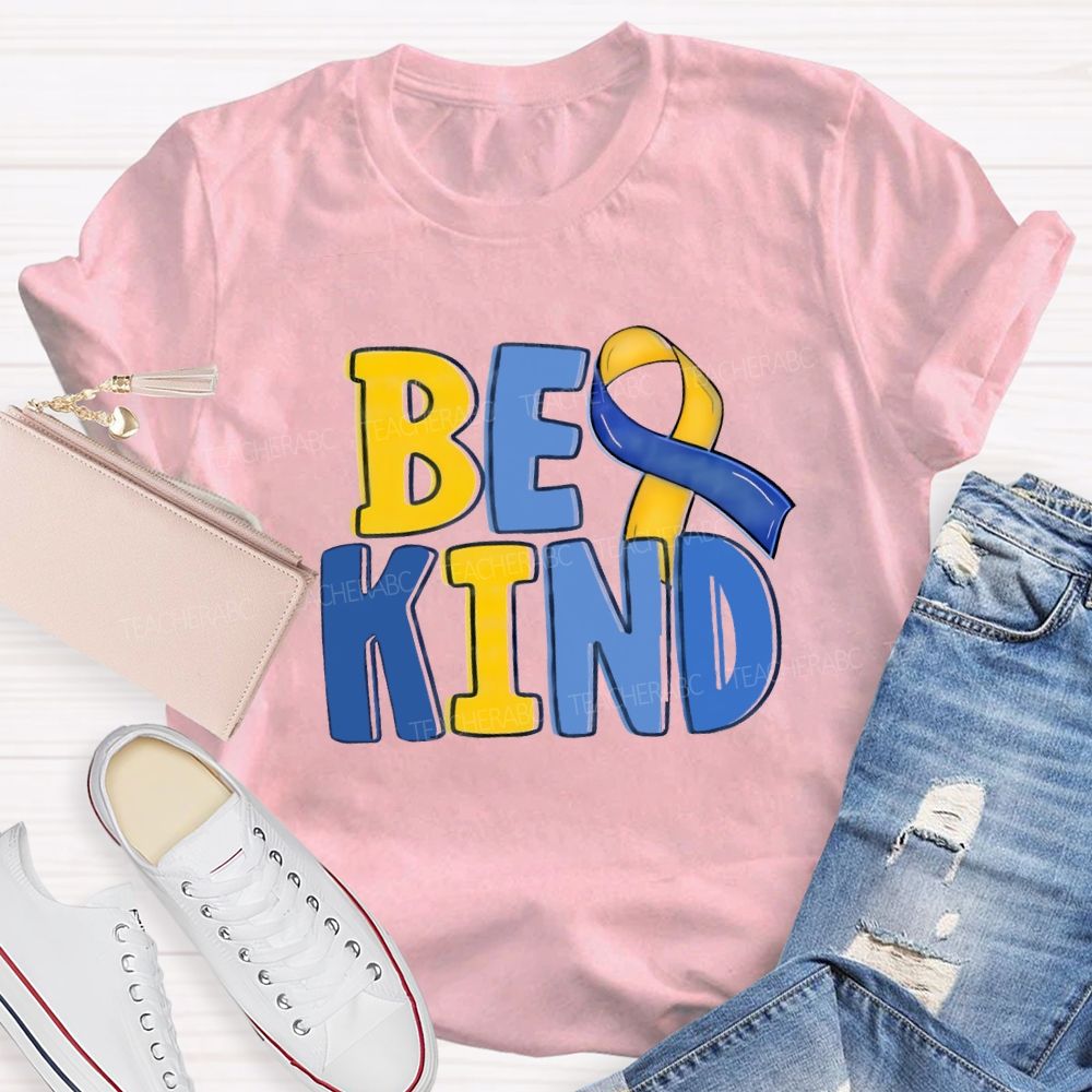 Be Kind Teacher Blue Yellow Ribbon T-Shirt