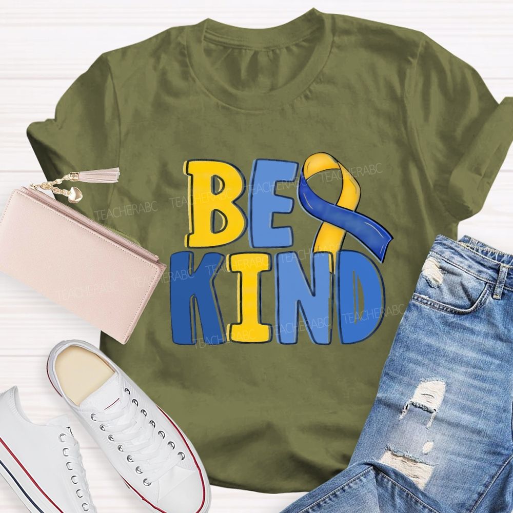 Be Kind Teacher Blue Yellow Ribbon T-Shirt