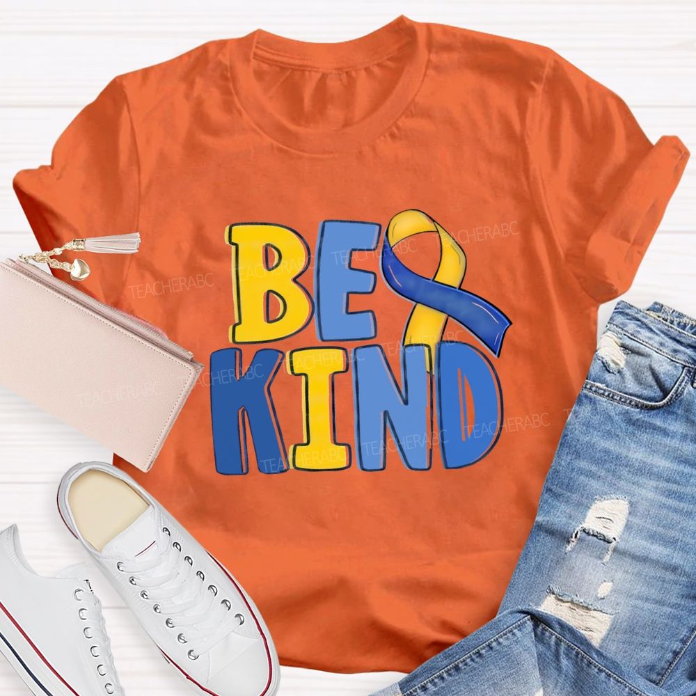 Be Kind Teacher Blue Yellow Ribbon T-Shirt