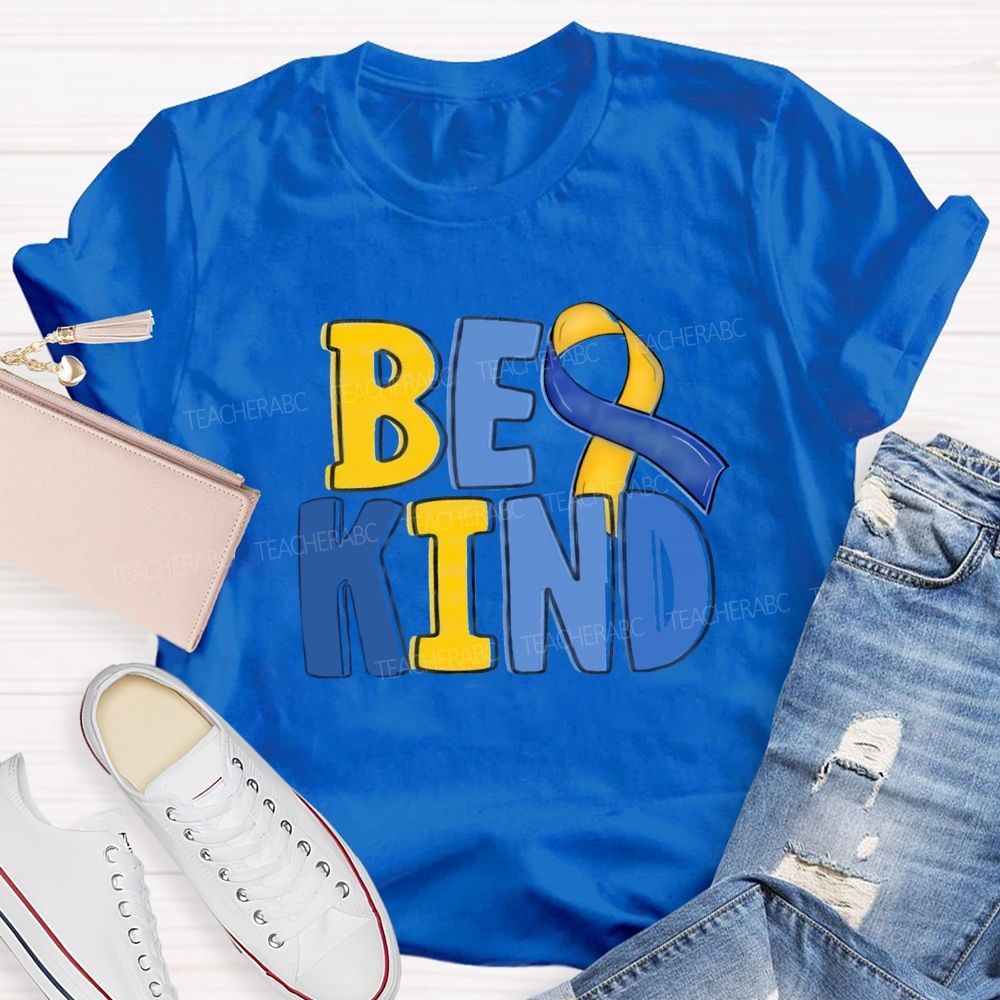 Be Kind Teacher Blue Yellow Ribbon T-Shirt