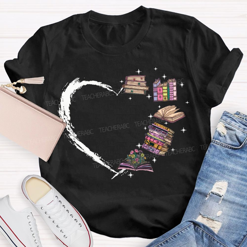 Various Books Formed The Shape Of A Heart Teacher T-shirt