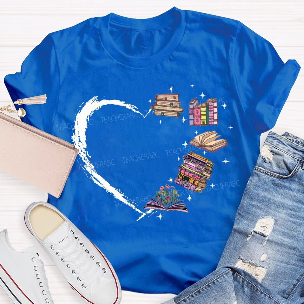 Various Books Formed The Shape Of A Heart Teacher T-shirt