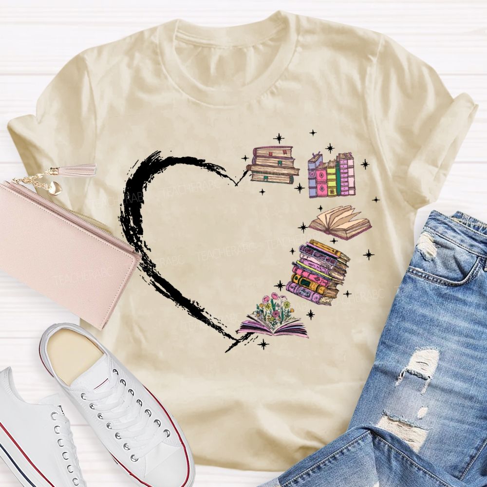 Various Books Formed The Shape Of A Heart Teacher T-shirt