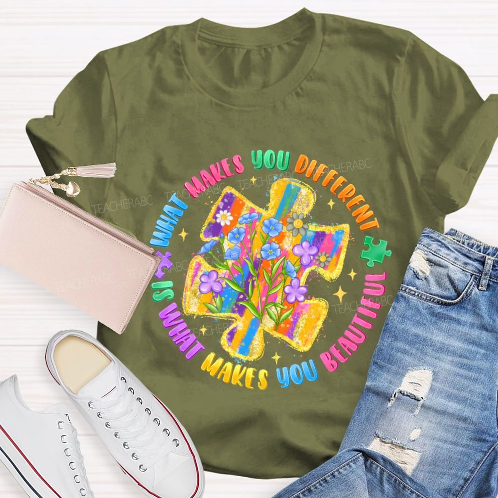 What Makes You Different Is What Makes You Beautiful Colorful Flowers Puzzle  Teacher T-shirt