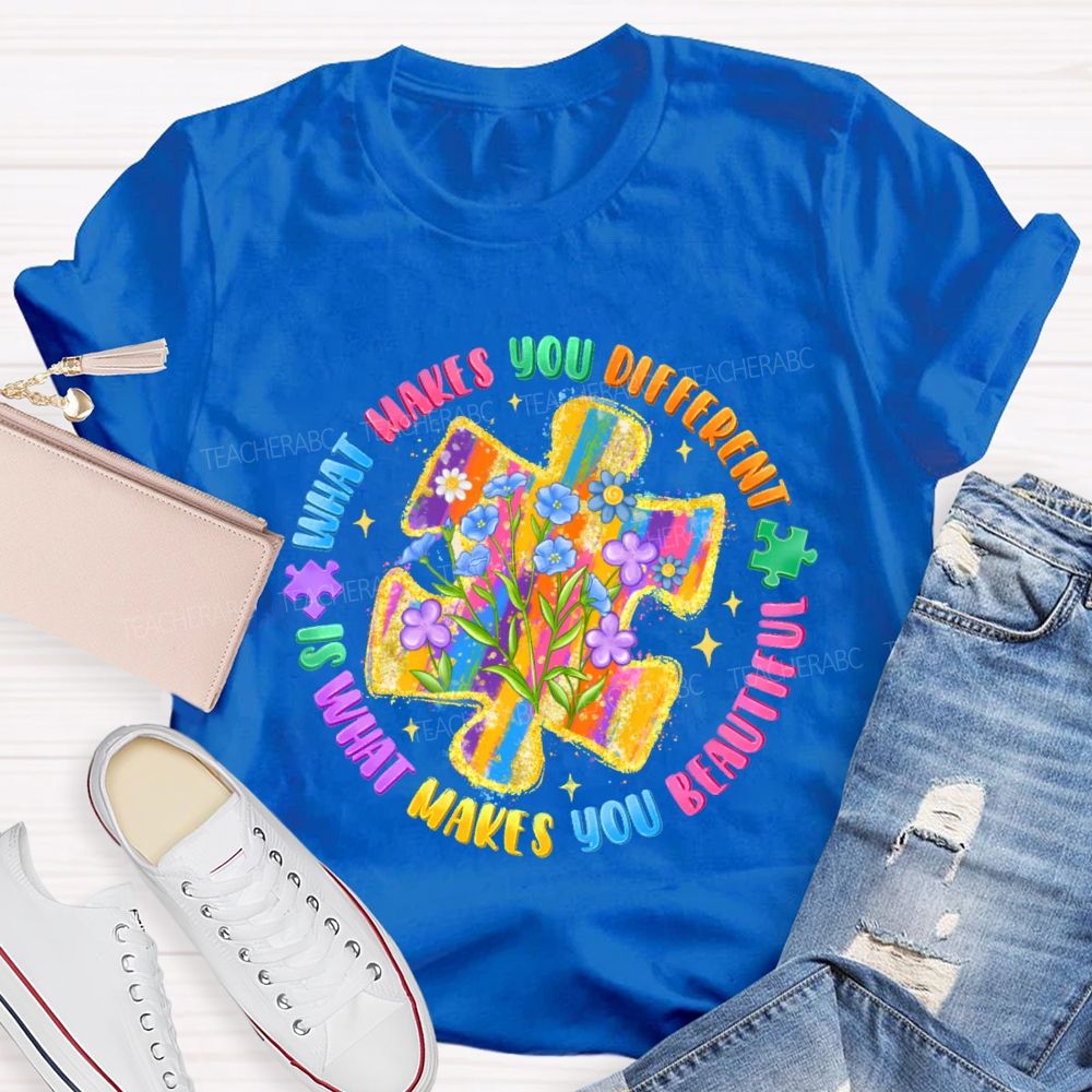 What Makes You Different Is What Makes You Beautiful Colorful Flowers Puzzle  Teacher T-shirt
