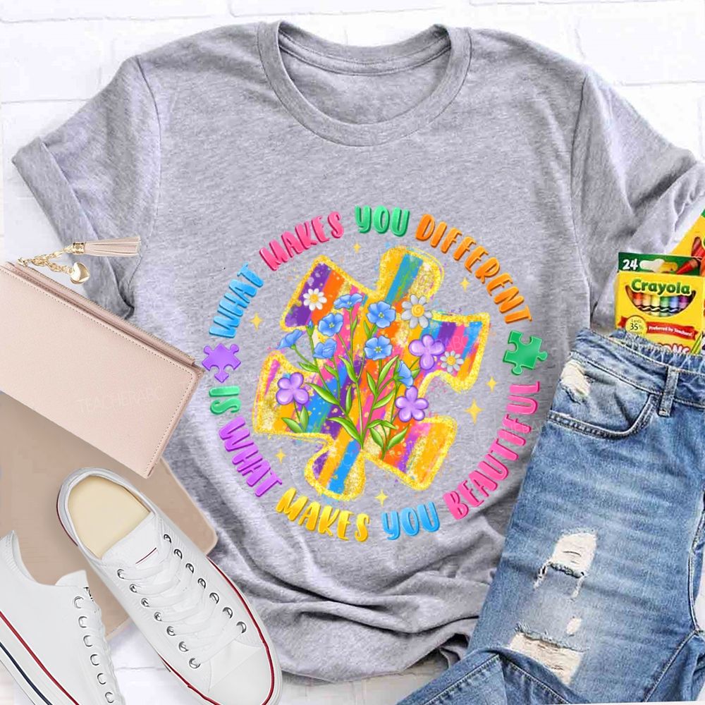 What Makes You Different Is What Makes You Beautiful Colorful Flowers Puzzle  Teacher T-shirt