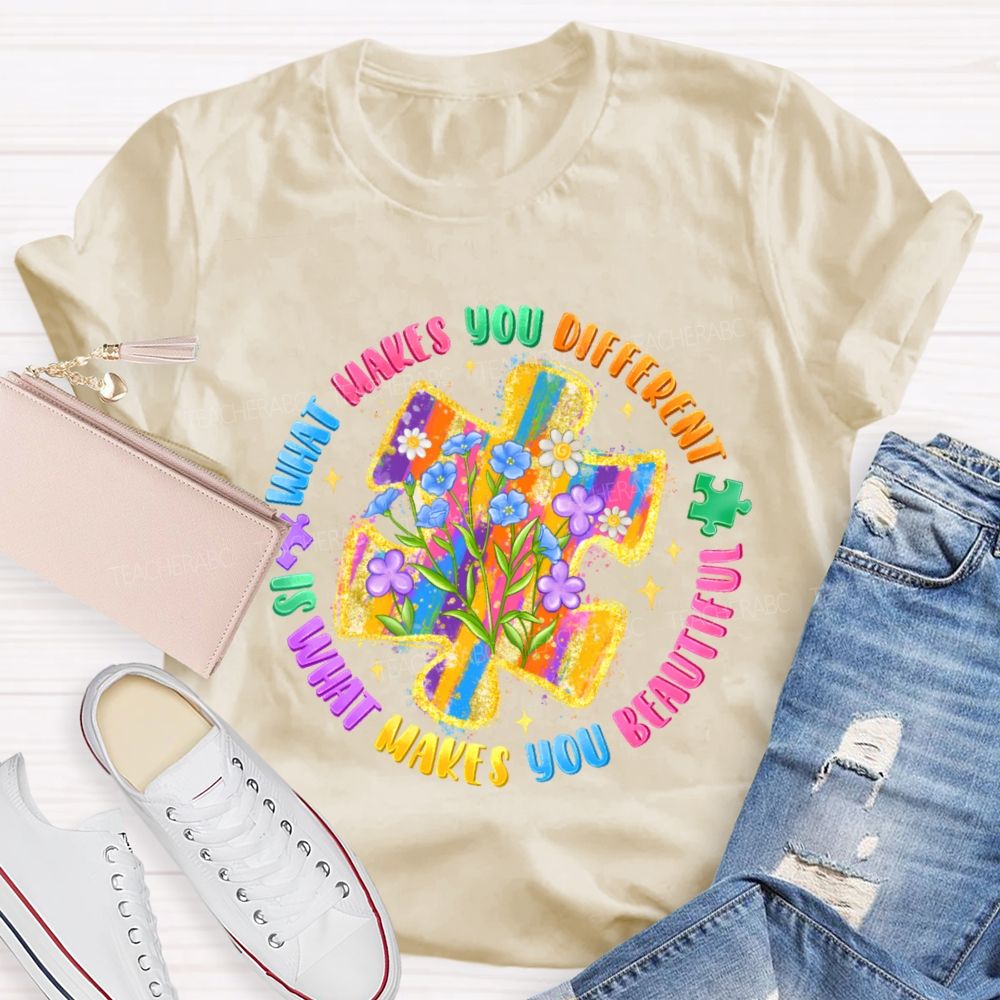 What Makes You Different Is What Makes You Beautiful Colorful Flowers Puzzle  Teacher T-shirt