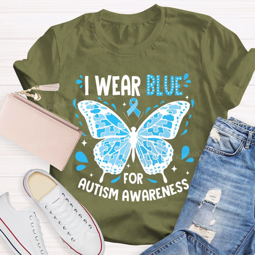 I Wear Blue For Autism Awareness Puzzle Piece Butterfly  Teacher T-shirt