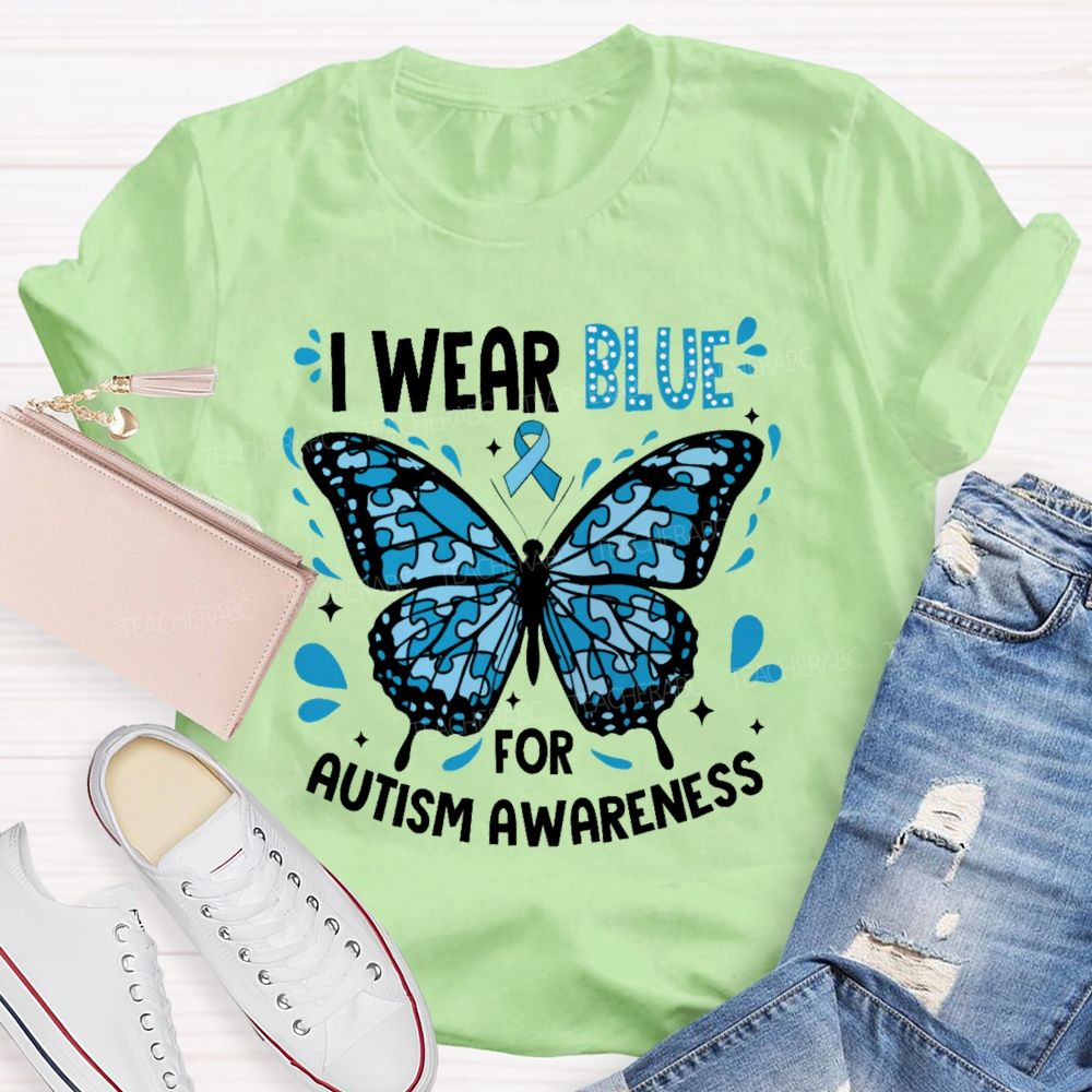 I Wear Blue For Autism Awareness Puzzle Piece Butterfly  Teacher T-shirt