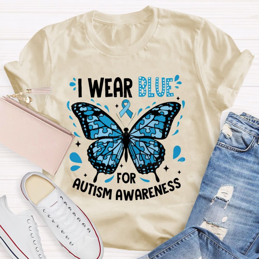 I Wear Blue For Autism Awareness Puzzle Piece Butterfly  Teacher T-shirt