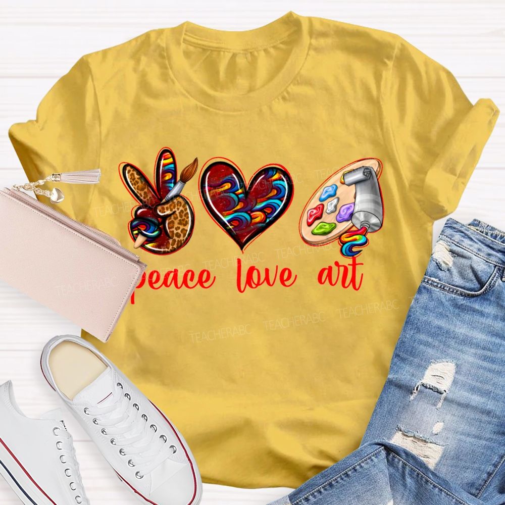 Peace Love Art Leopard Print Heart And Dyeing Palette Teacher T-shirt