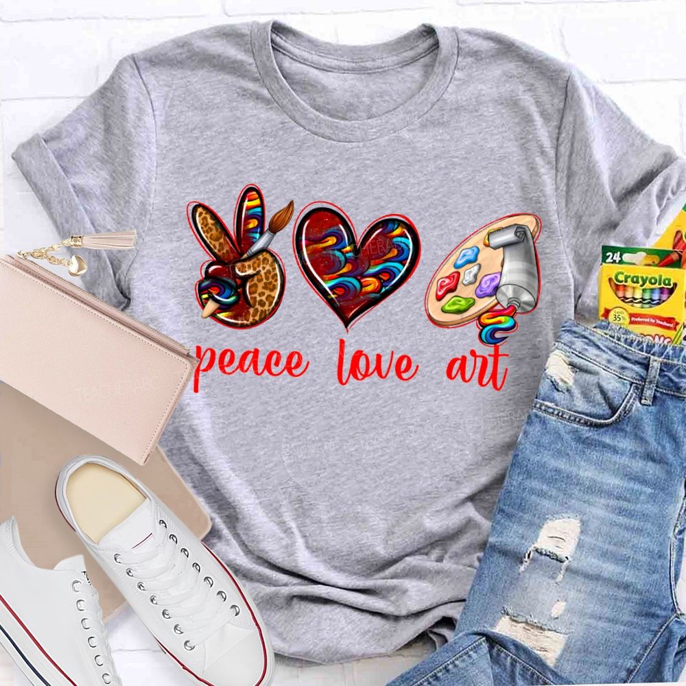 Peace Love Art Leopard Print Heart And Dyeing Palette Teacher T-shirt