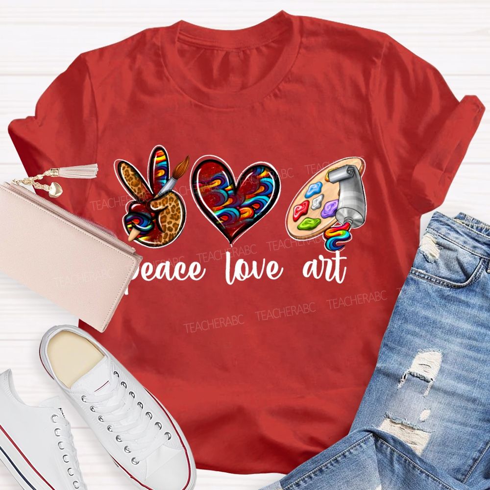 Peace Love Art Leopard Print Heart And Dyeing Palette Teacher T-shirt