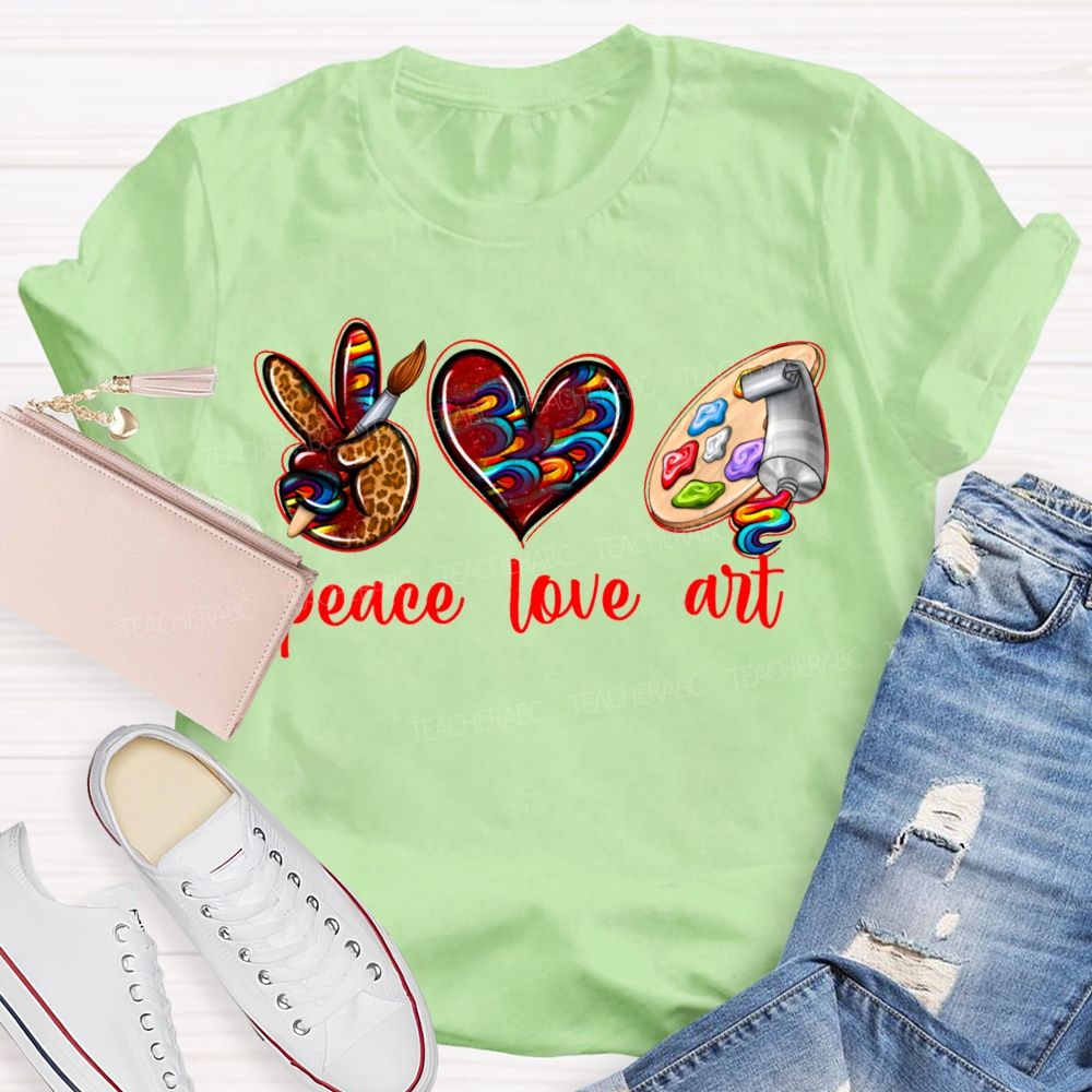 Peace Love Art Leopard Print Heart And Dyeing Palette Teacher T-shirt