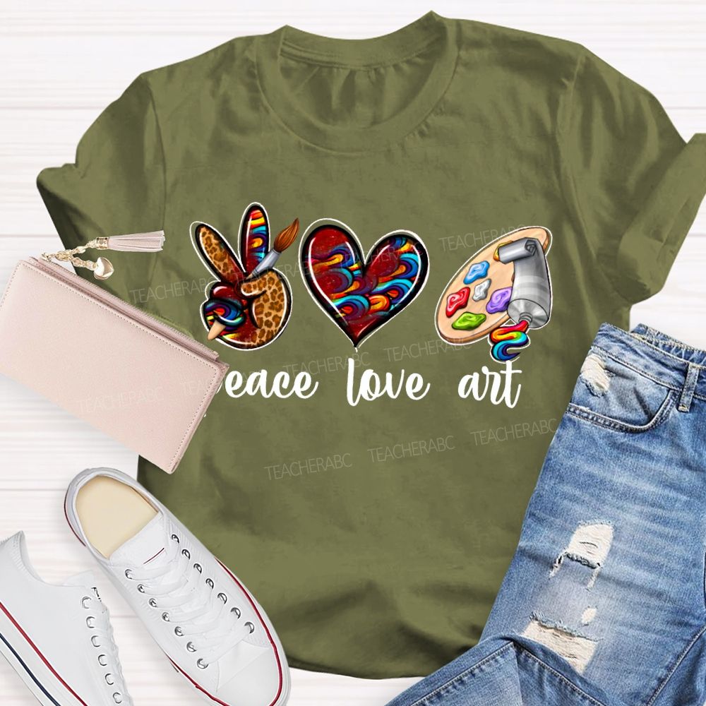 Peace Love Art Leopard Print Heart And Dyeing Palette Teacher T-shirt