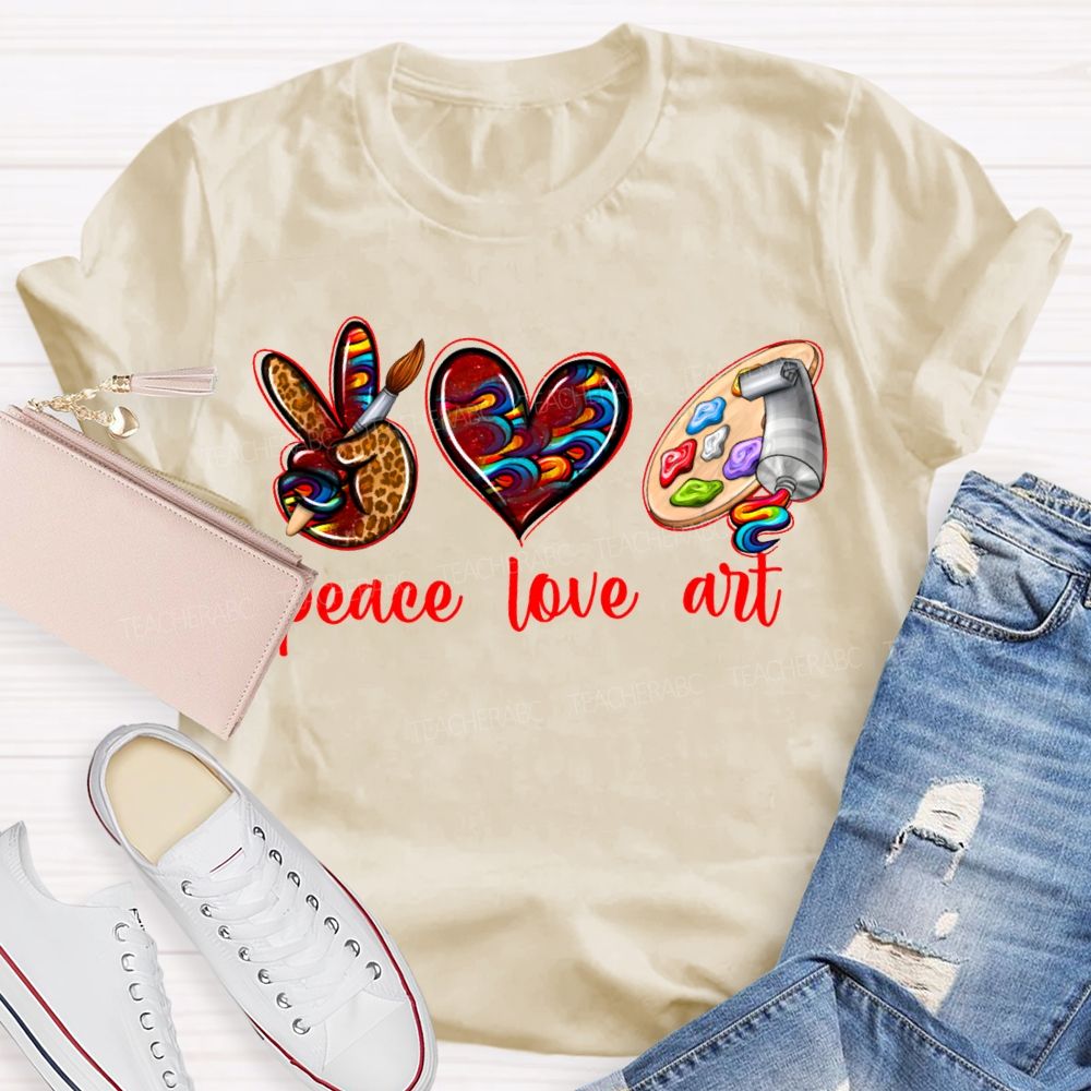 Peace Love Art Leopard Print Heart And Dyeing Palette Teacher T-shirt