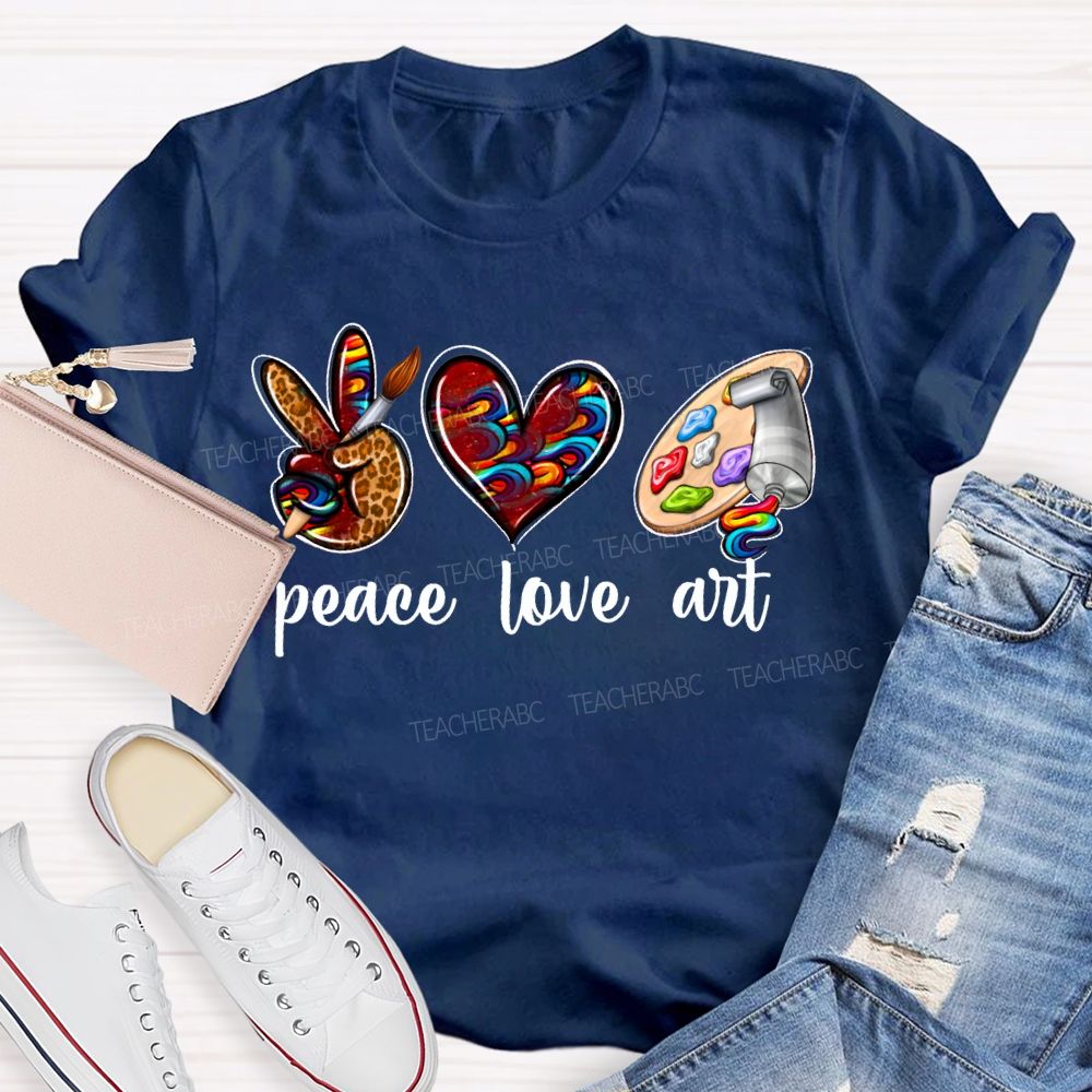 Peace Love Art Leopard Print Heart And Dyeing Palette Teacher T-shirt