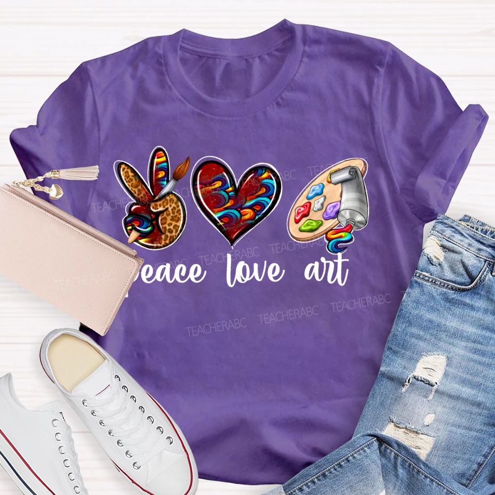 Peace Love Art Leopard Print Heart And Dyeing Palette Teacher T-shirt