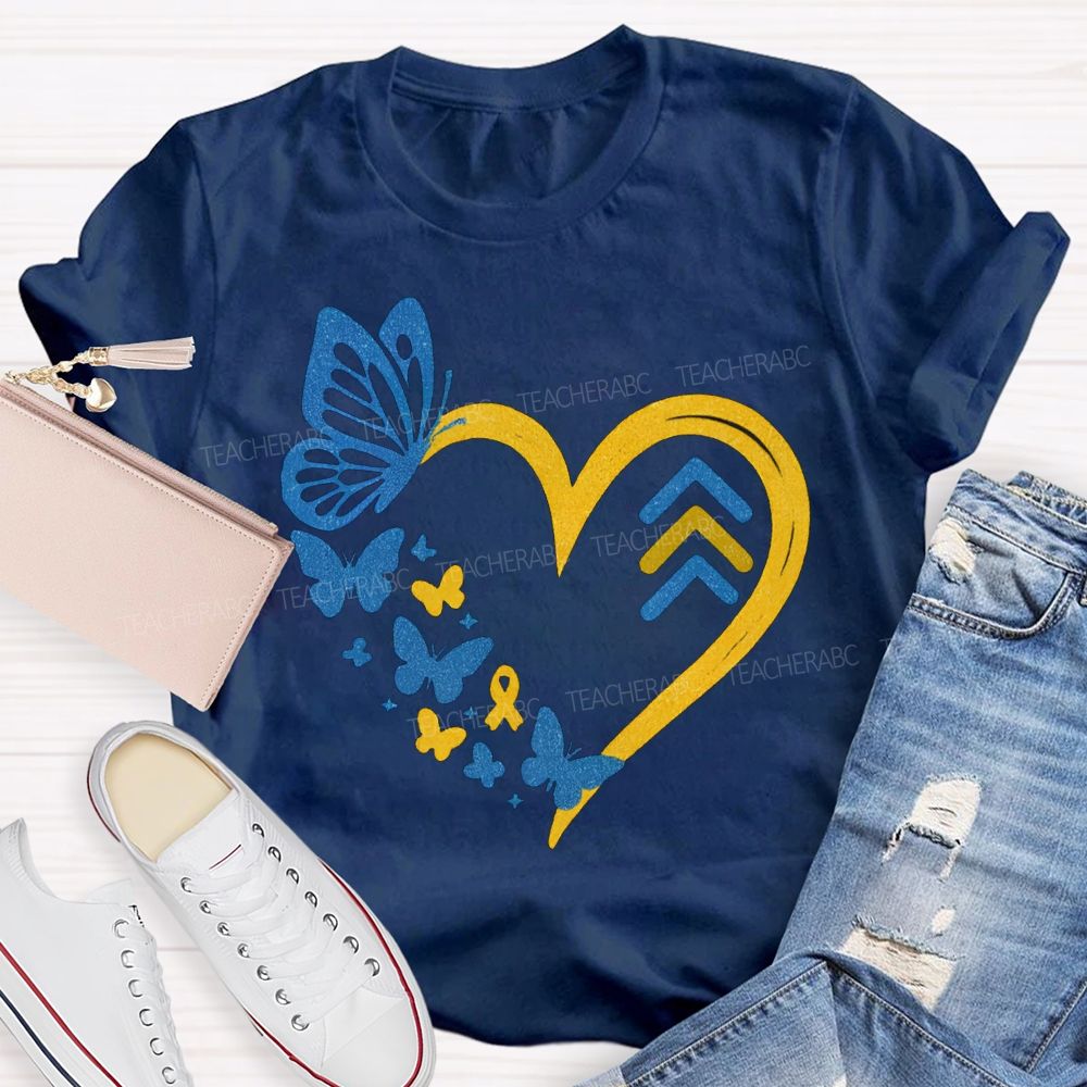 Down Syndrome Awareness Butterflies And Hearts Teacher T-shirt