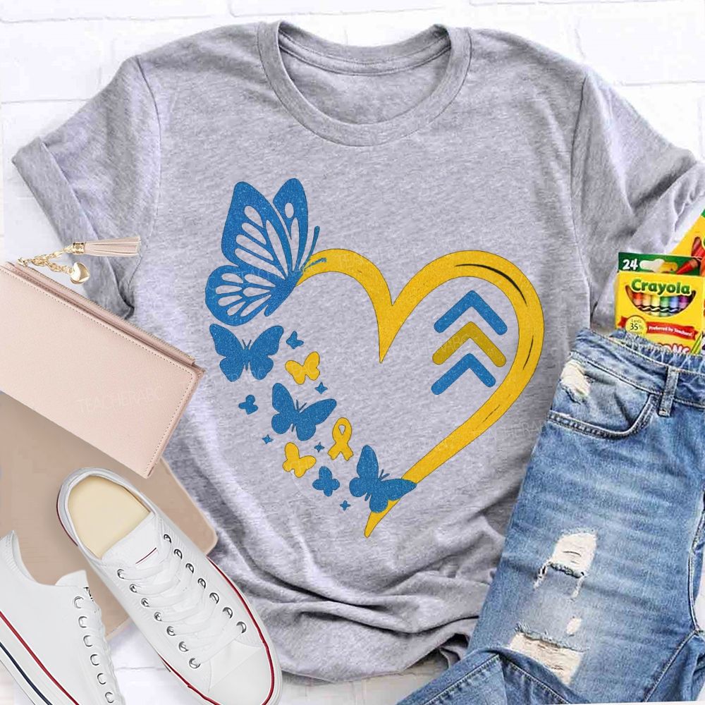 Down Syndrome Awareness Butterflies And Hearts Teacher T-shirt