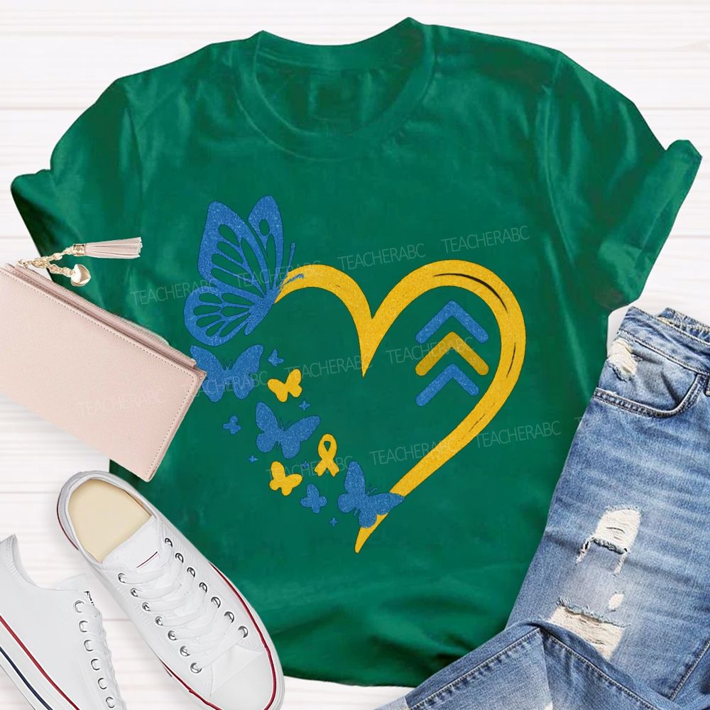 Down Syndrome Awareness Butterflies And Hearts Teacher T-shirt