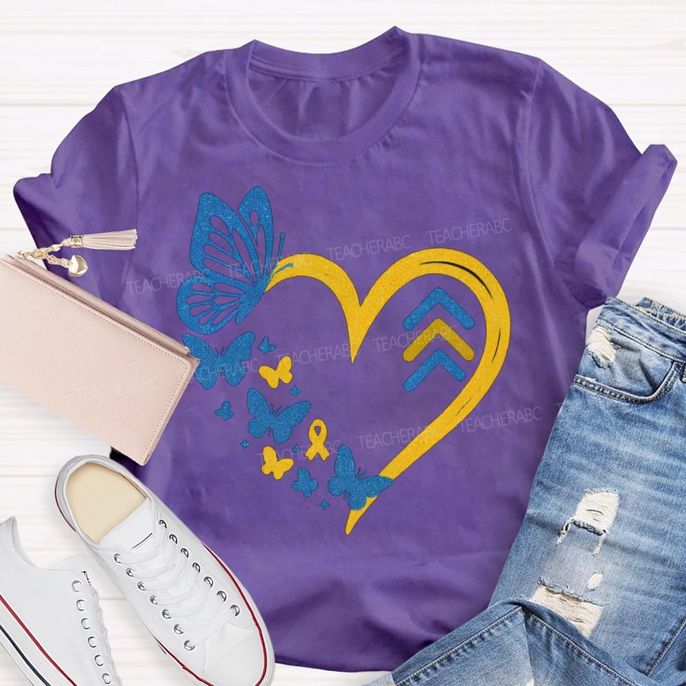 Down Syndrome Awareness Butterflies And Hearts Teacher T-shirt