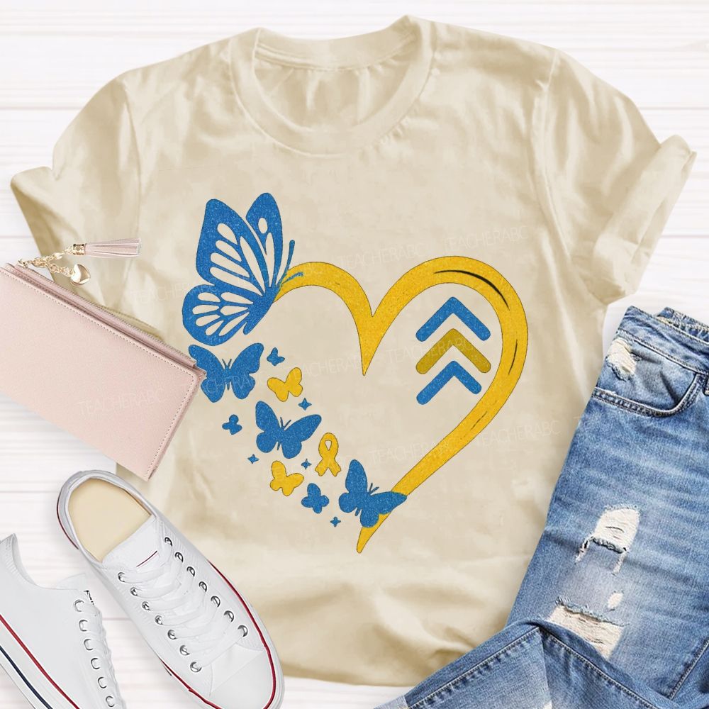 Down Syndrome Awareness Butterflies And Hearts Teacher T-shirt