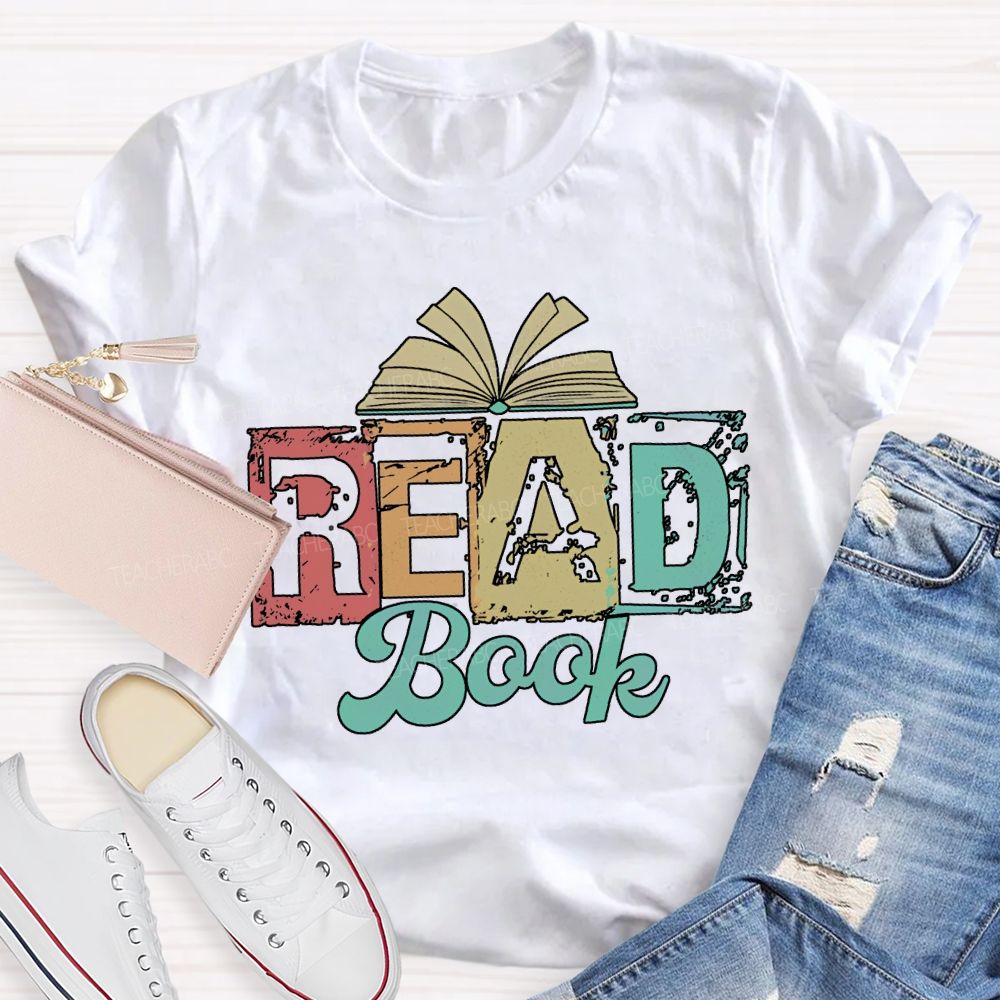 Read Book Colored Block Fonts Teacher T-shirt
