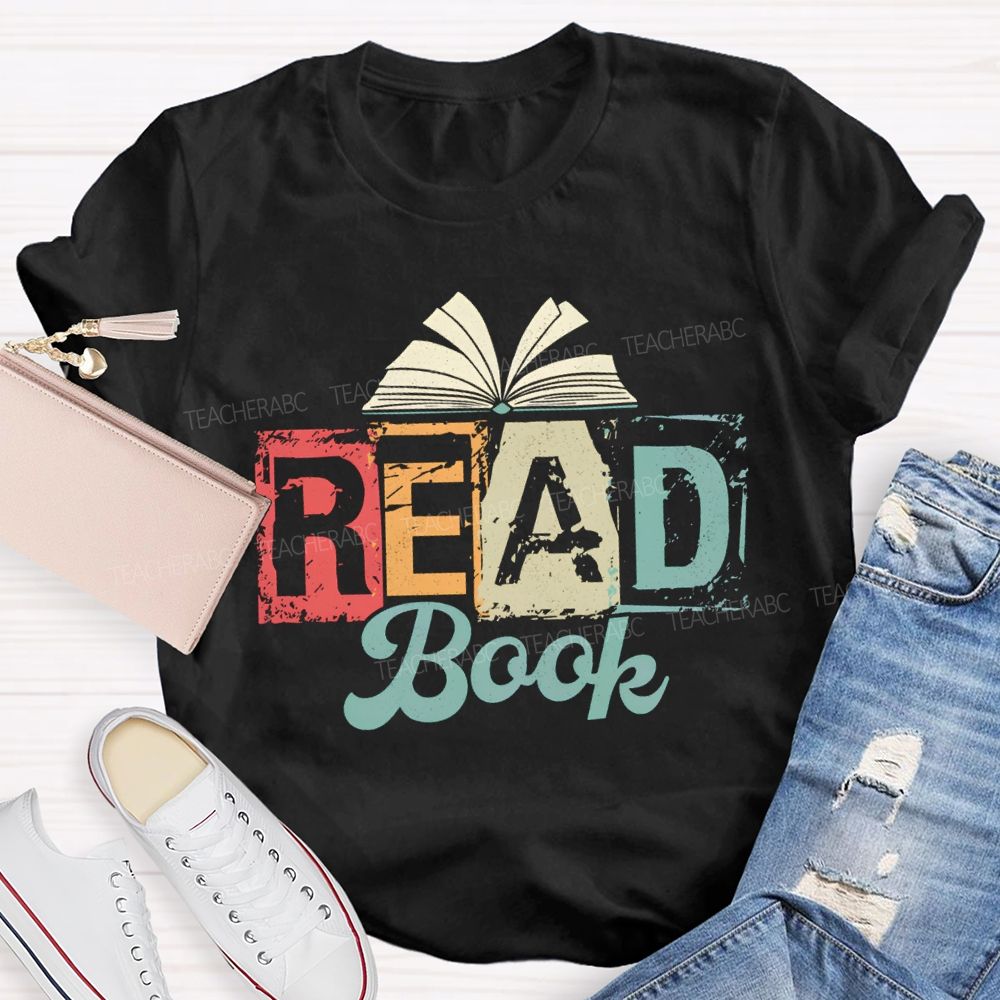 Read Book Colored Block Fonts Teacher T-shirt