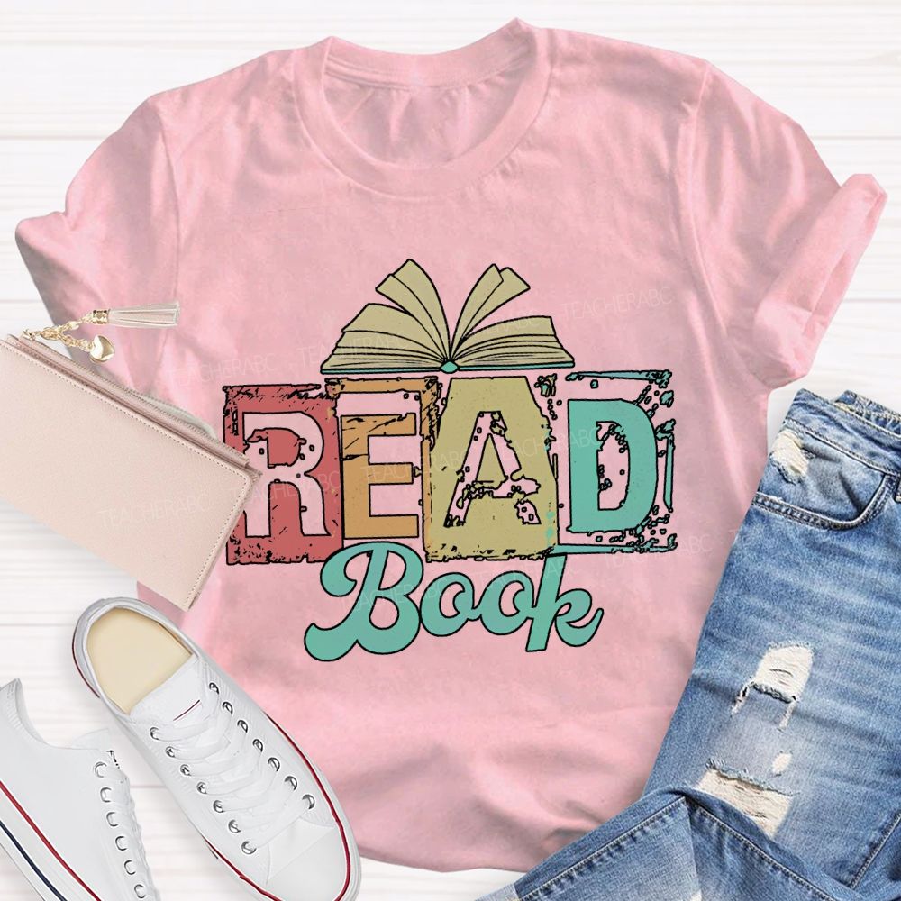 Read Book Colored Block Fonts Teacher T-shirt