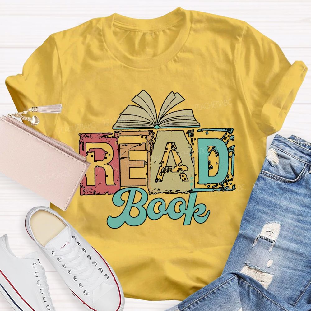 Read Book Colored Block Fonts Teacher T-shirt
