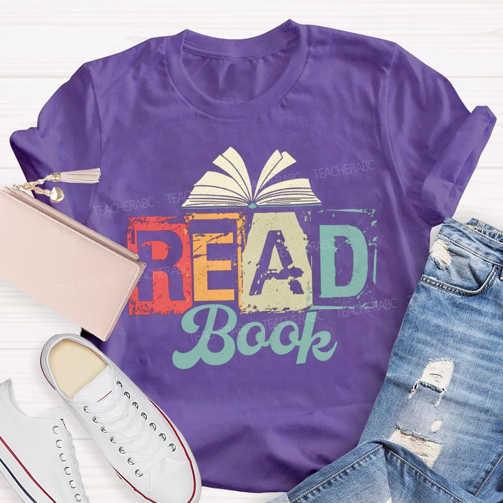 Read Book Colored Block Fonts Teacher T-shirt