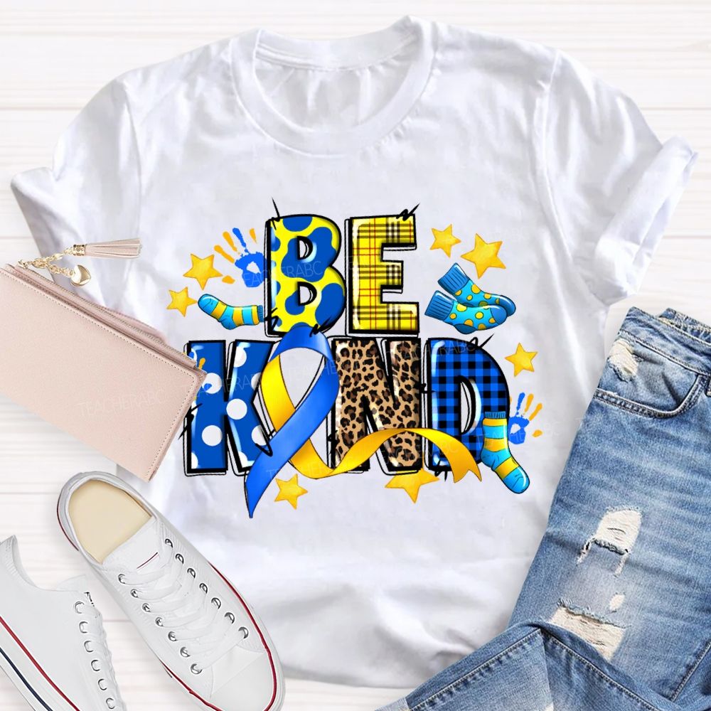 Be Kind Stars And Polka Dot Leopard Print Font Teacher T-shirt
