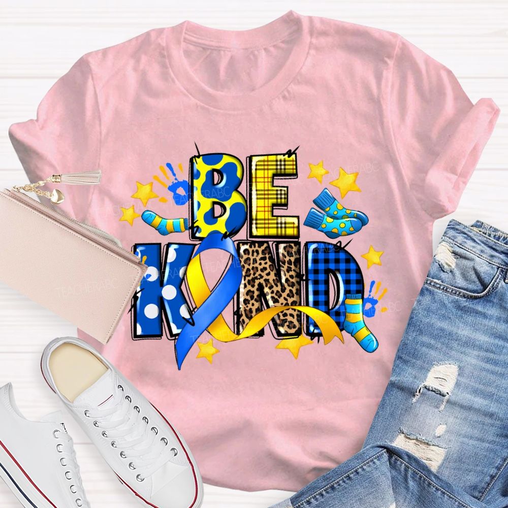 Be Kind Stars And Polka Dot Leopard Print Font Teacher T-shirt